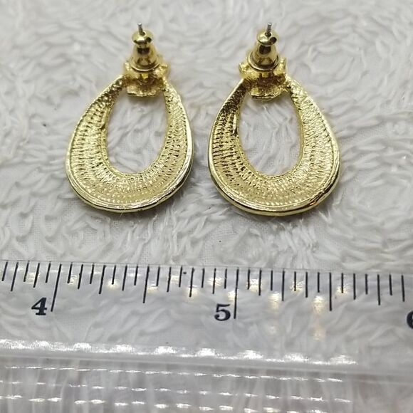 Dark Blue Earrings Open Oval Drop Gold Tone Pierced Earrings - Picture 4 of 5